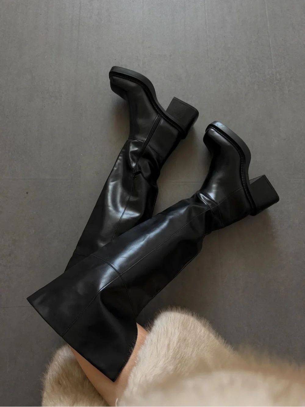Zara Women’s 6 Extra Long Square Toe Black Boots Thigh High Over The Knee Combat